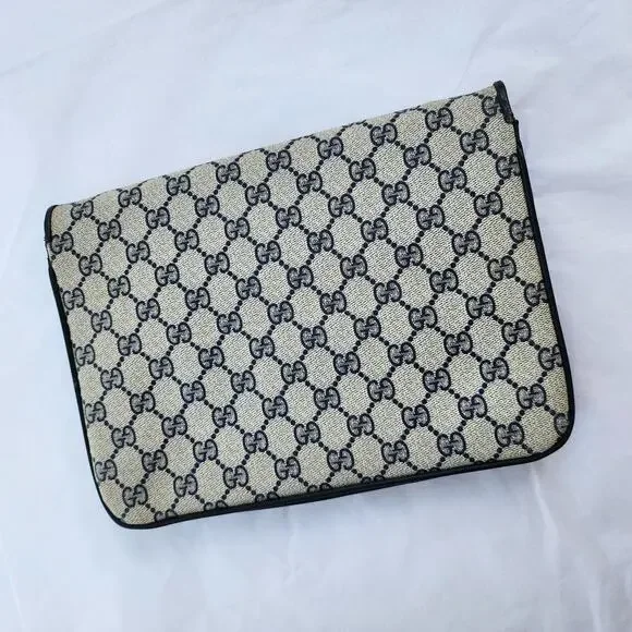 VINTAGE Gucci GG Web Coated Canvas Shoulder Bag Blue White Leather Trim Chain - Picture 5 of 14